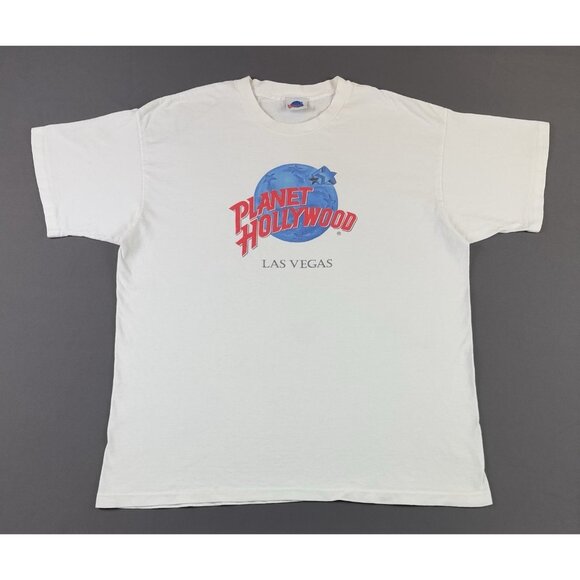 Vintage 90s Planet Hollywood Las Vegas Promo White Shirt Fit 2XL Art Logo - Picture 1 of 10